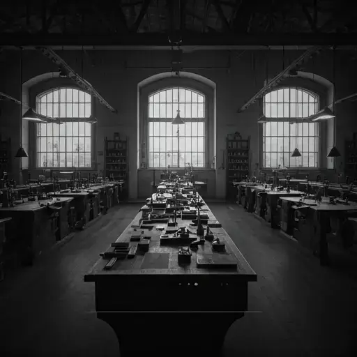 A sophisticated black and white photograph of a historic Swiss atelier.