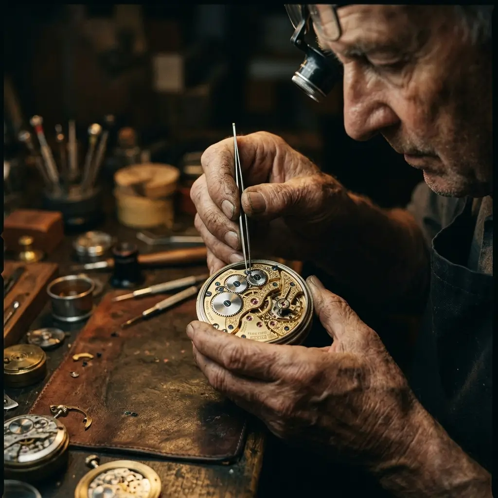 A cinematic, low-key close-up of a master watchmaker's weathered hands delicately assembling the intricate movement of a luxury timepiece.